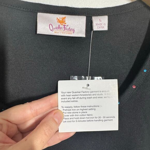 Quacker Factory Top Women L Black 50's Sock Hop 1/2 Sleeve 100% Cotton Novelty - Picture 7 of 7